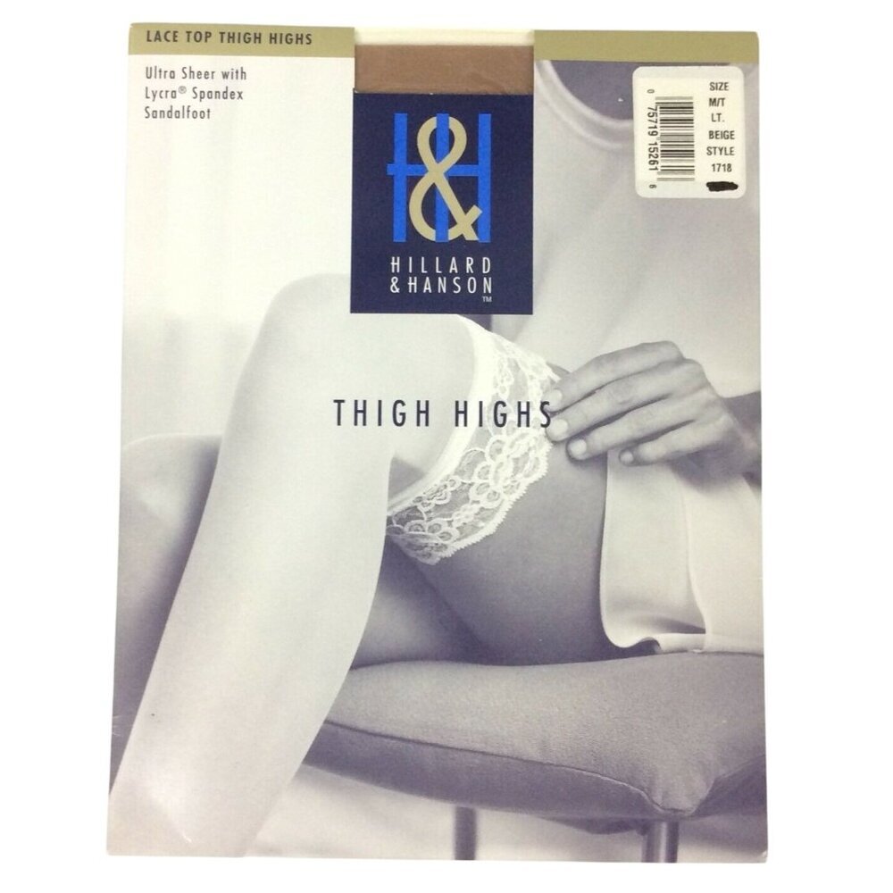 Hillard & Hanson Lace Top Thigh High Stockings M/T Light Beige Sandalfoot